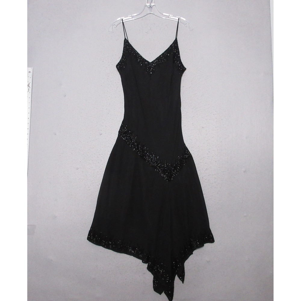 Vintage JKARA Dress Black Beaded Asymmetrical Whimsigoth 90s Y2K Cocktail Glam